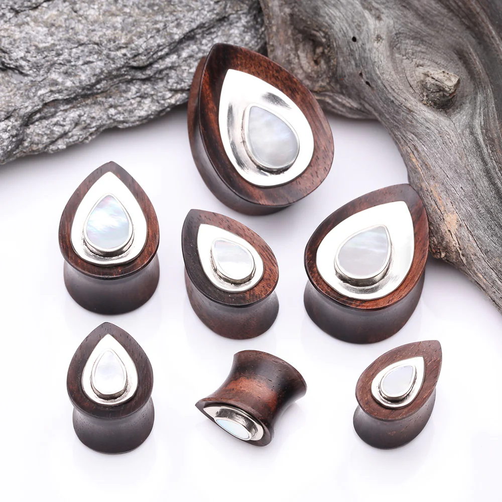 A Pair of White Brass Moonstone Arang Wood Teardrop Double Flared Plug - Image 3