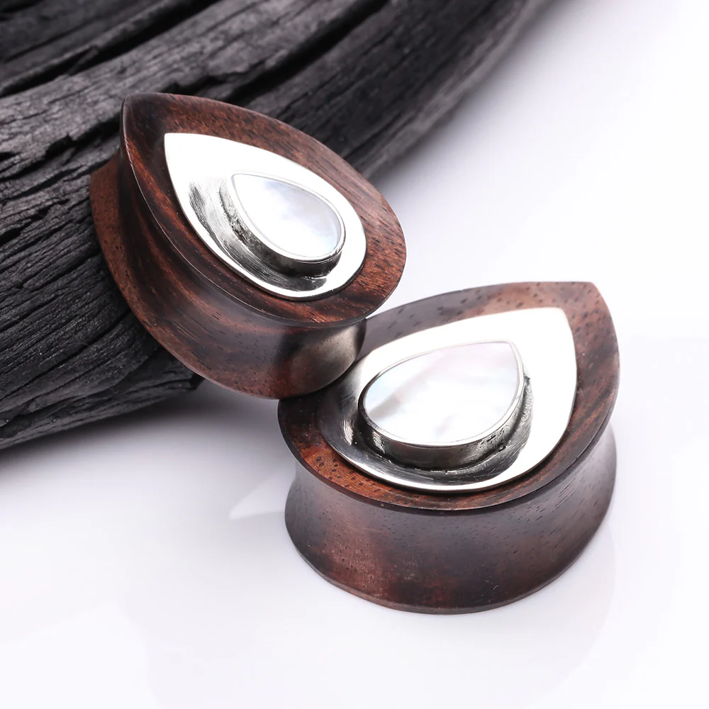 A Pair of White Brass Moonstone Arang Wood Teardrop Double Flared Plug - Image 4