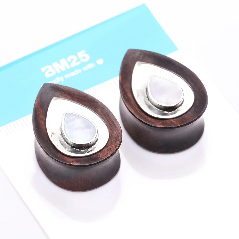 A Pair of White Brass Moonstone Arang Wood Teardrop Double Flared Plug - Image 5