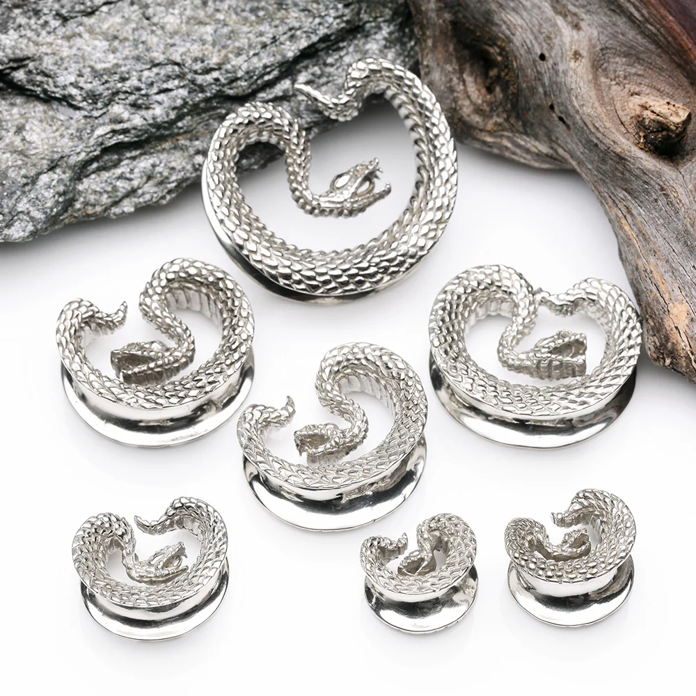 A Pair of White Brass Vicious Viper Snake Saddle Tunnel Plug - Image 3