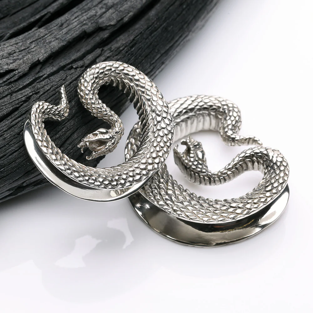 A Pair of White Brass Vicious Viper Snake Saddle Tunnel Plug - Image 4
