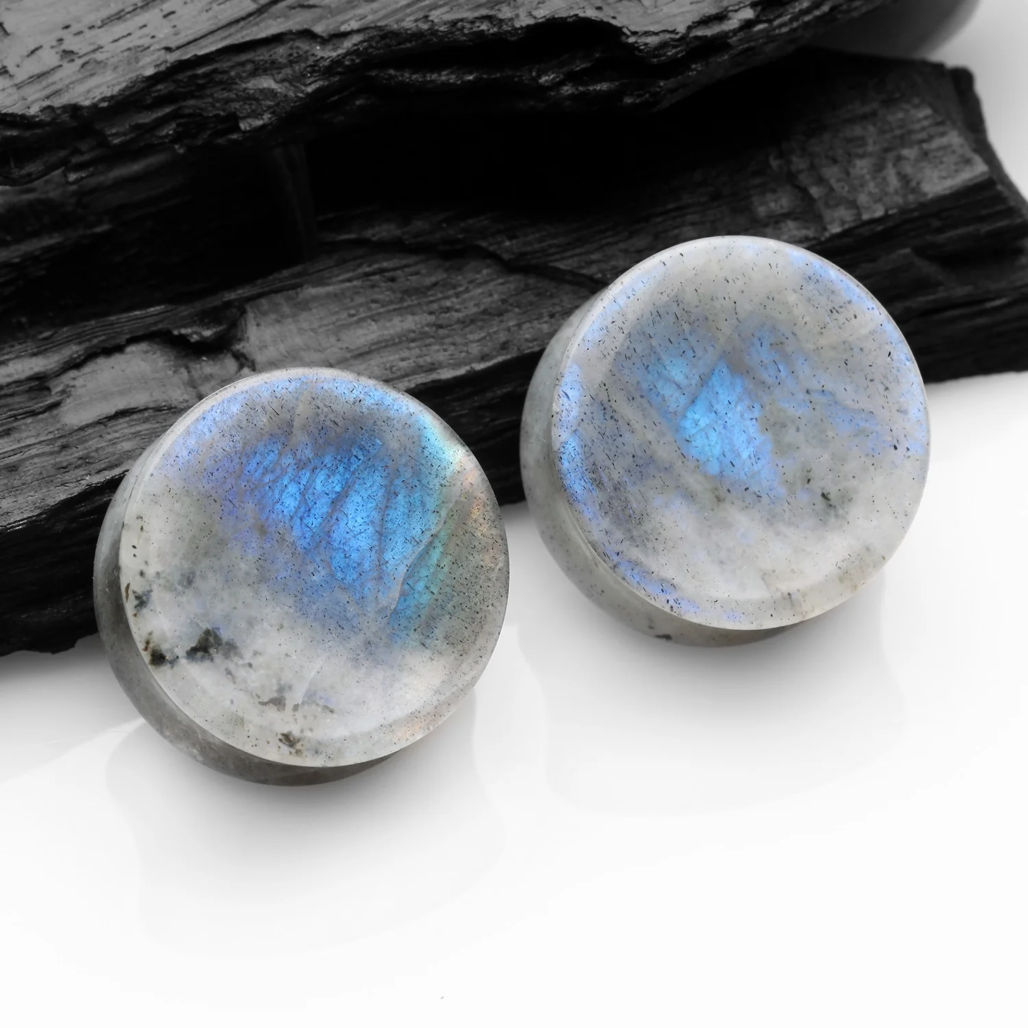 A Pair Of White Labradorite Concave Stone Double Flared Plug* - Image 2