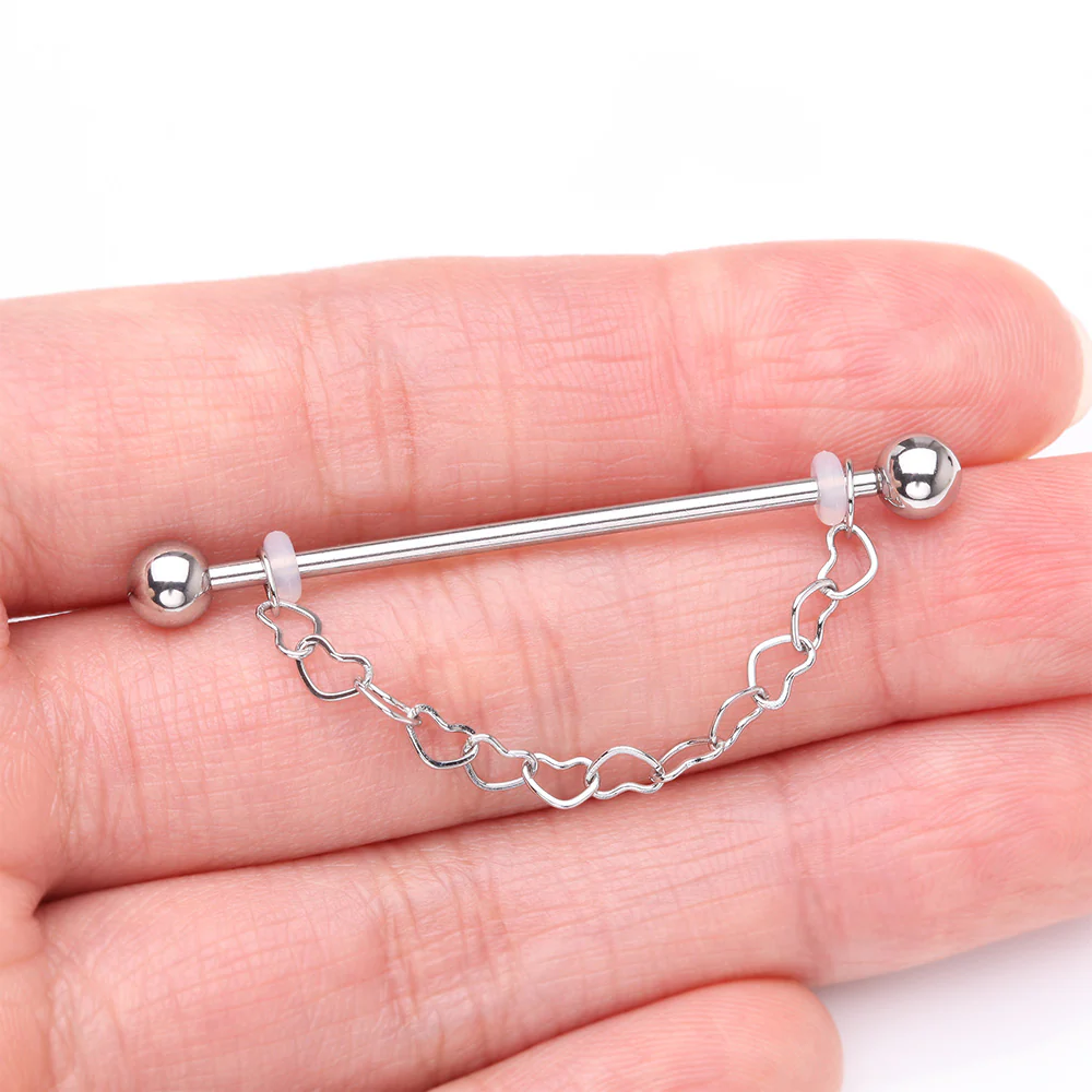 Adorable Chained Hollow Heart Dangle Industrial Barbell - Image 3