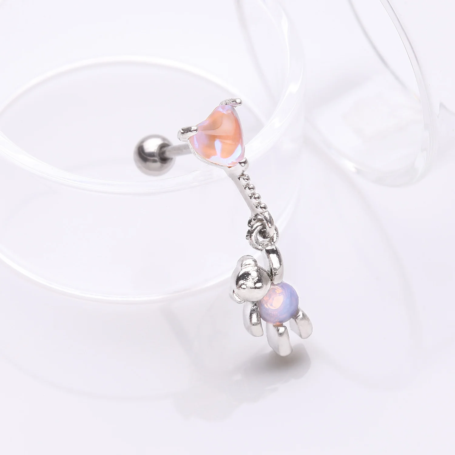 Adorable Floating Bear Heart Balloon Sparkle Cartilage Barbell Earring - Image 2