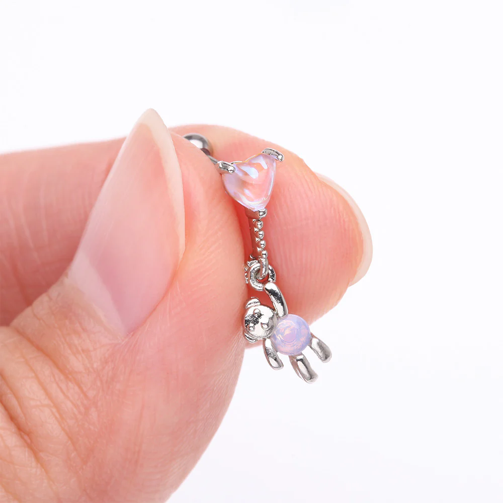 Adorable Floating Bear Heart Balloon Sparkle Cartilage Barbell Earring - Image 3
