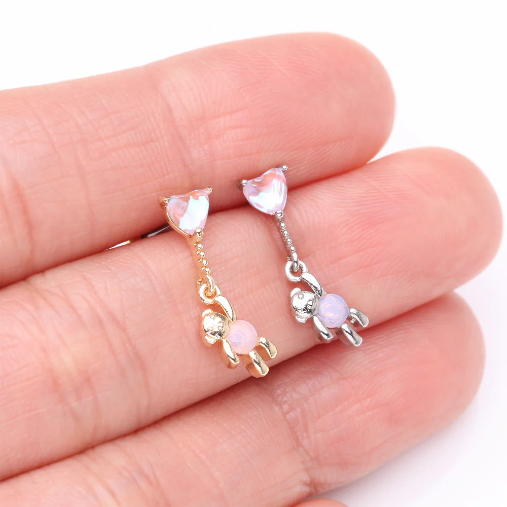 Adorable Floating Bear Heart Balloon Sparkle Cartilage Barbell Earring - Image 4
