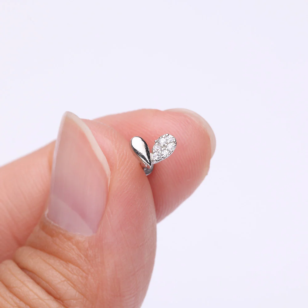 Adorable Heart Sprout Sparkle Internally Threaded Steel Flat Back Stud Labret - Image 3