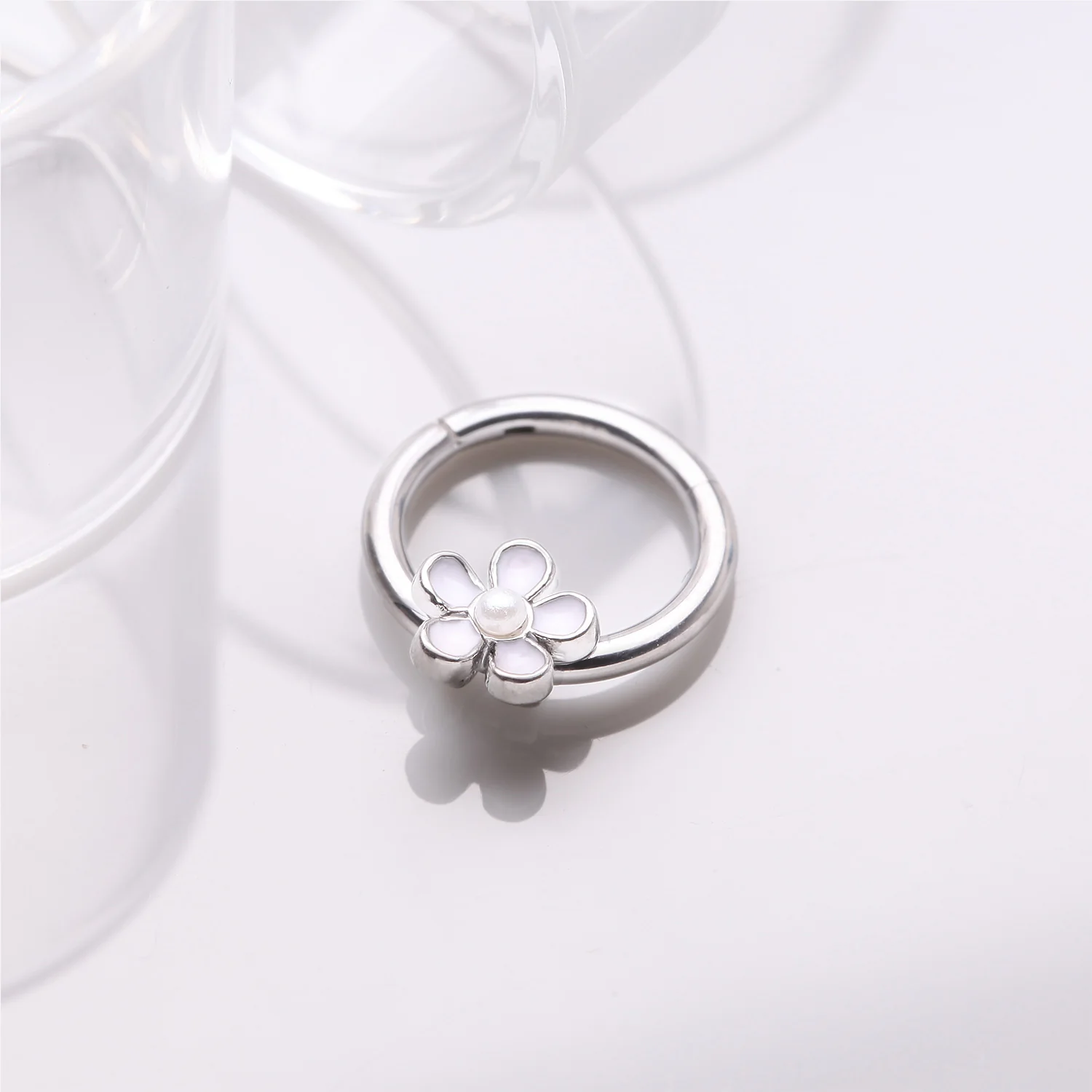 Adorable Pearlescent Flower Clicker Hoop Ring - Image 2