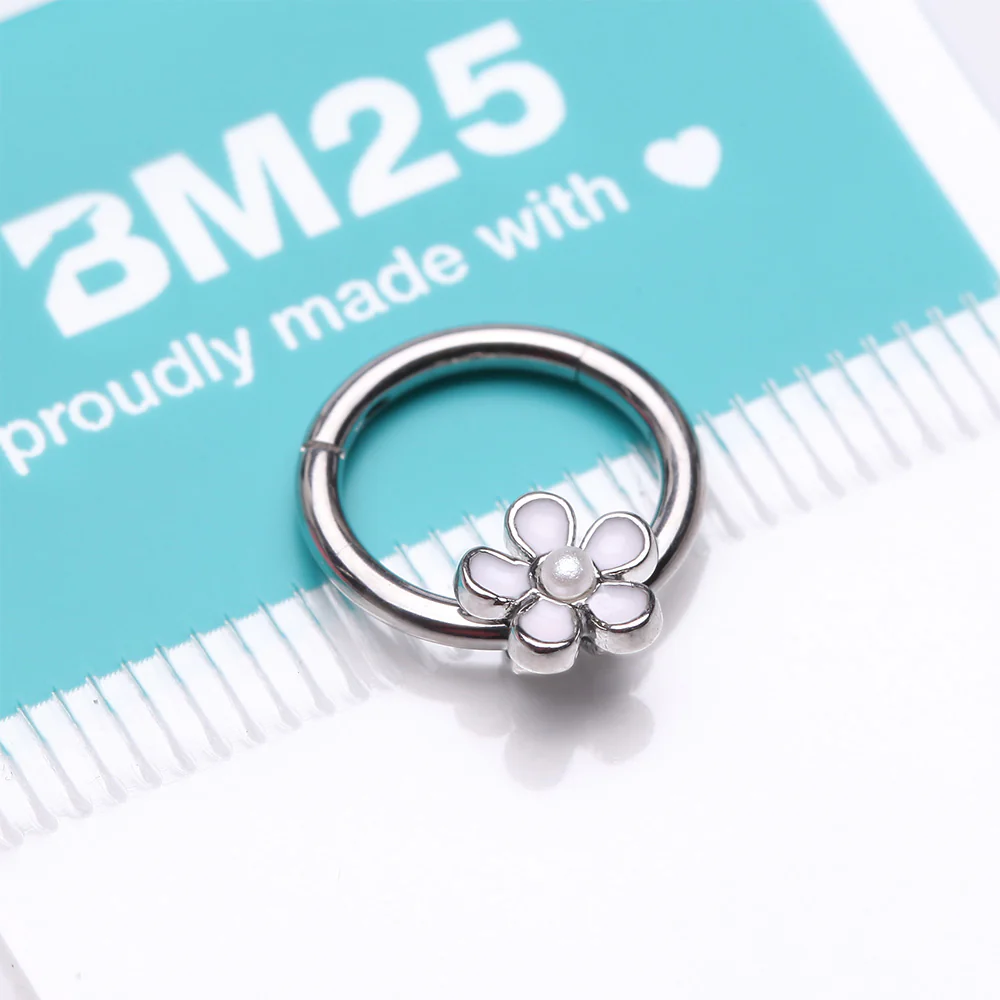Adorable Pearlescent Flower Clicker Hoop Ring - Image 4