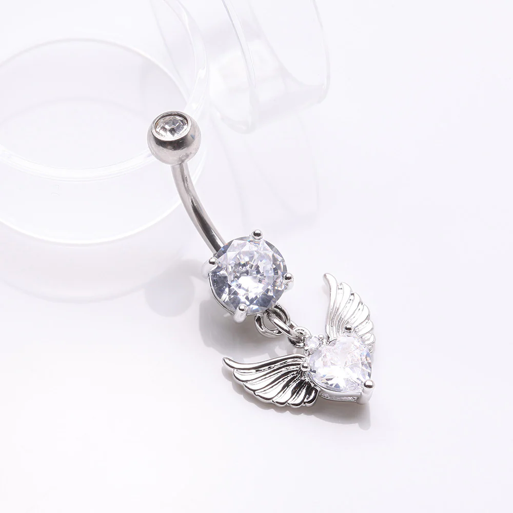 Angelic Wing Heart Sparkle Dangle Belly Button Ring - Image 3