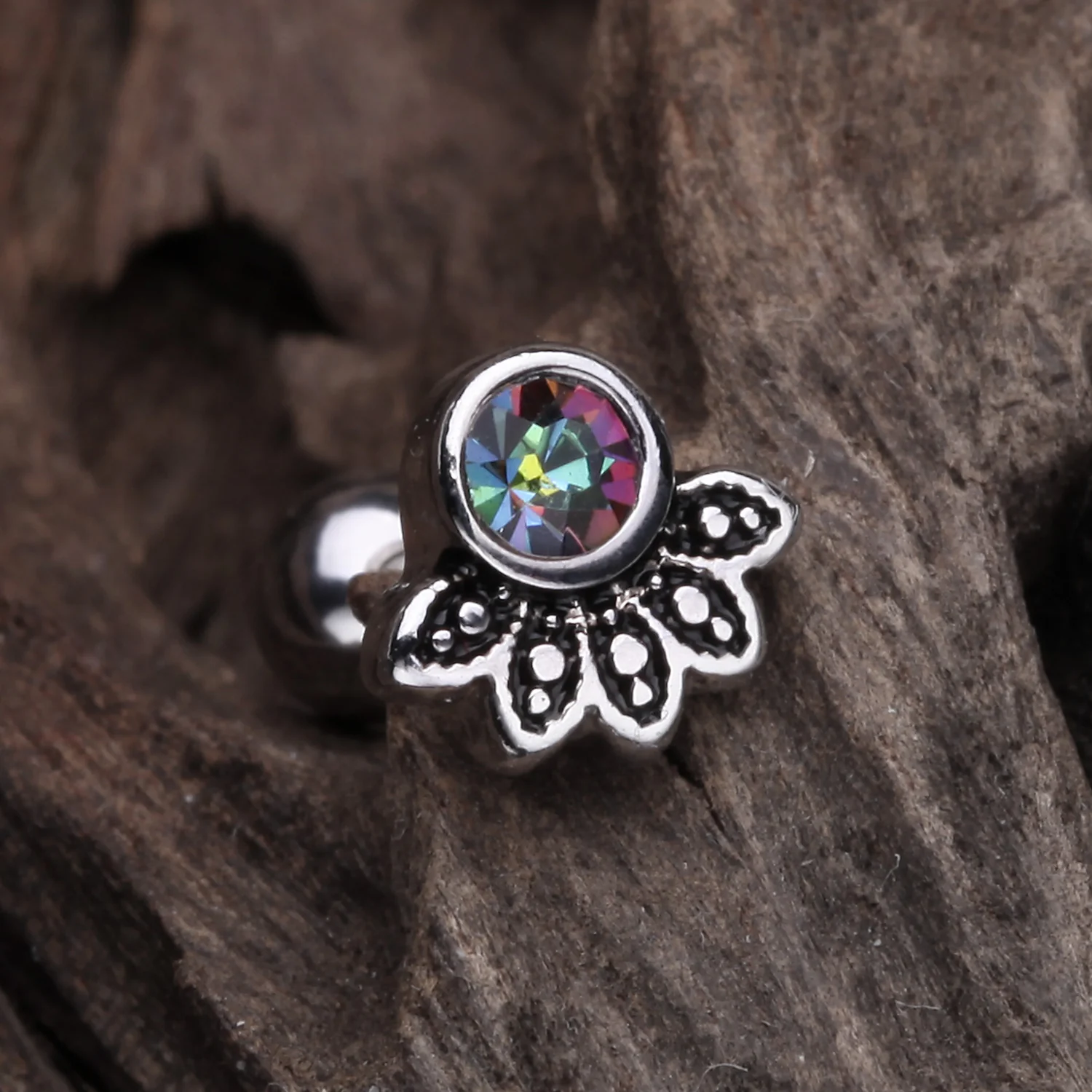 Antique Bali Floral Sparkle Cartilage Tragus Barbell Stud - Image 2