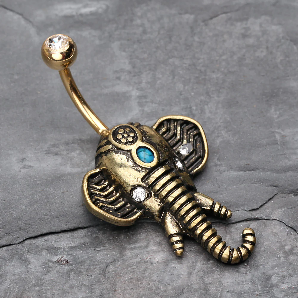 Antique Golden Ganesha Elephant Turquoise Belly Button Ring - Image 3
