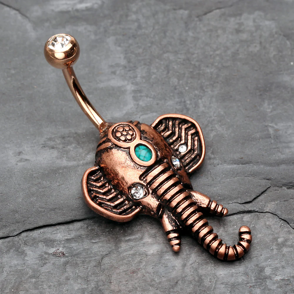 Antique Rose Gold Ganesha Elephant Turquoise Belly Button Ring - Image 3