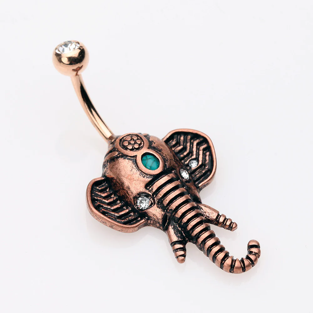 Antique Rose Gold Ganesha Elephant Turquoise Belly Button Ring - Image 4