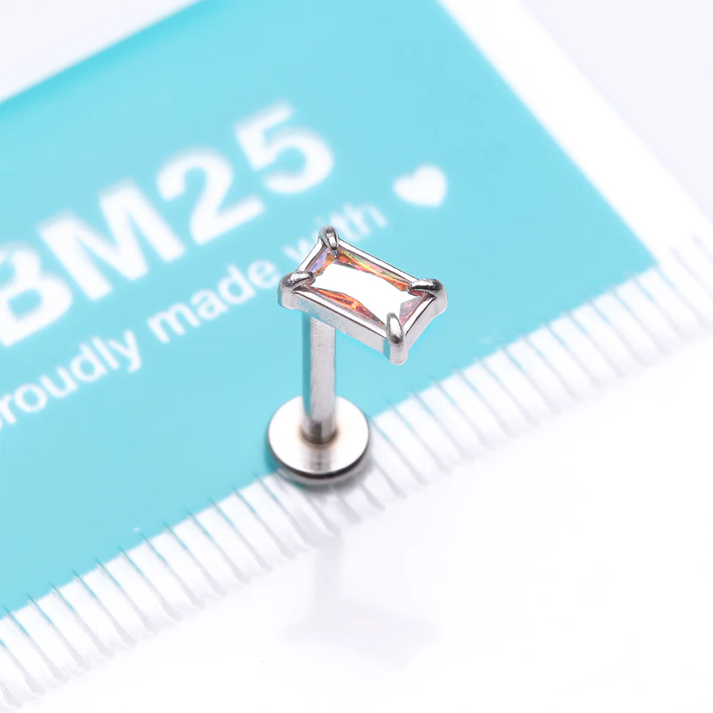 Baguette Prong Set Sparkle Top Internally Threaded Labret Flat Back Stud - Image 4