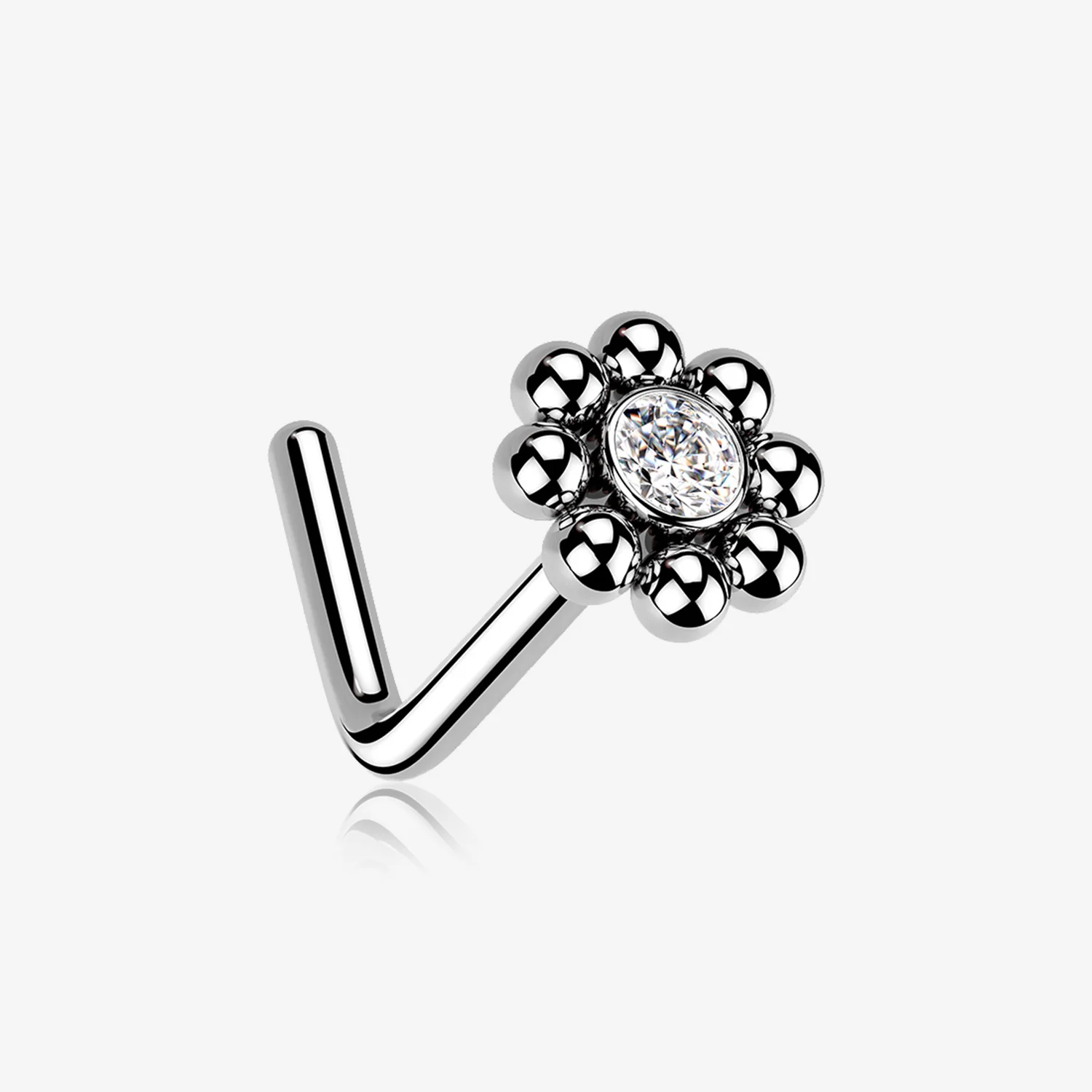 Bali Beads Flower Sparkle Steel L-Shaped Nose Ring