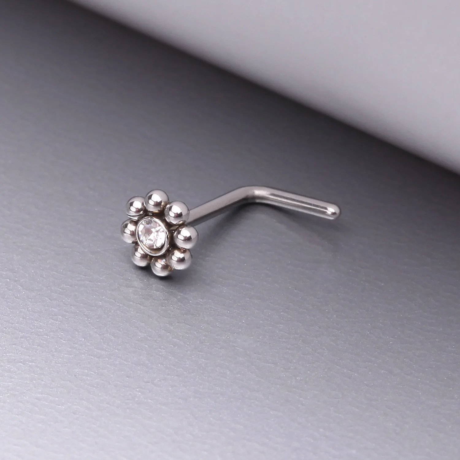 Bali Beads Flower Sparkle Steel L-Shaped Nose Ring - Image 2