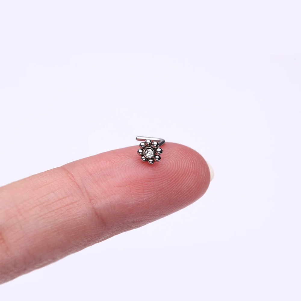 Bali Beads Flower Sparkle Steel L-Shaped Nose Ring - Image 3
