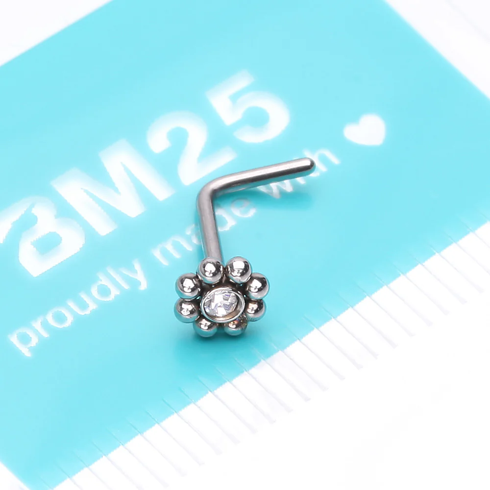Bali Beads Flower Sparkle Steel L-Shaped Nose Ring - Image 4