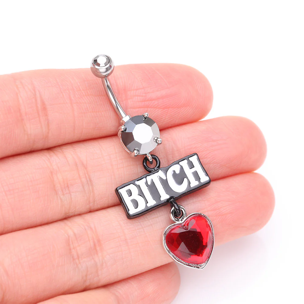 Bitch Heart Sparkle Dangle Belly Button Ring - Image 4