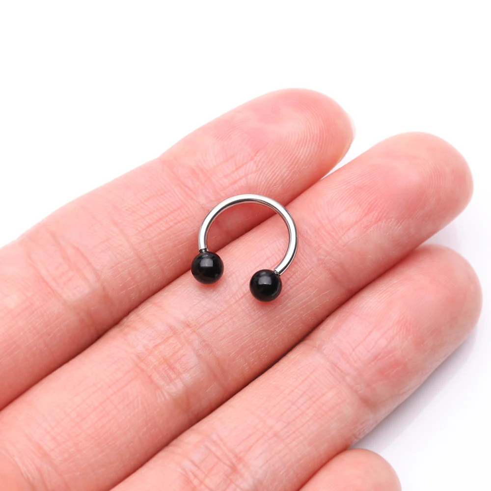 Black Agate Stone Ball Ends Steel Horseshoe Circular Barbell - Image 3