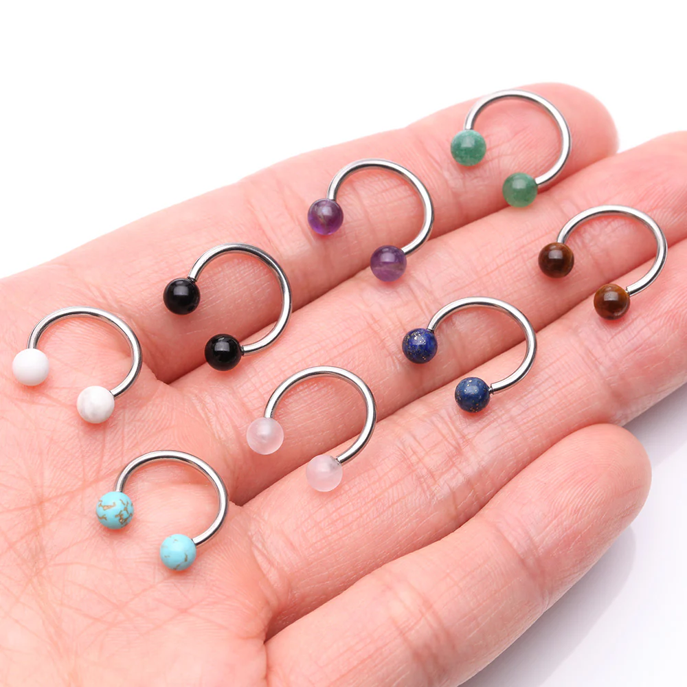 Black Agate Stone Ball Ends Steel Horseshoe Circular Barbell - Image 4
