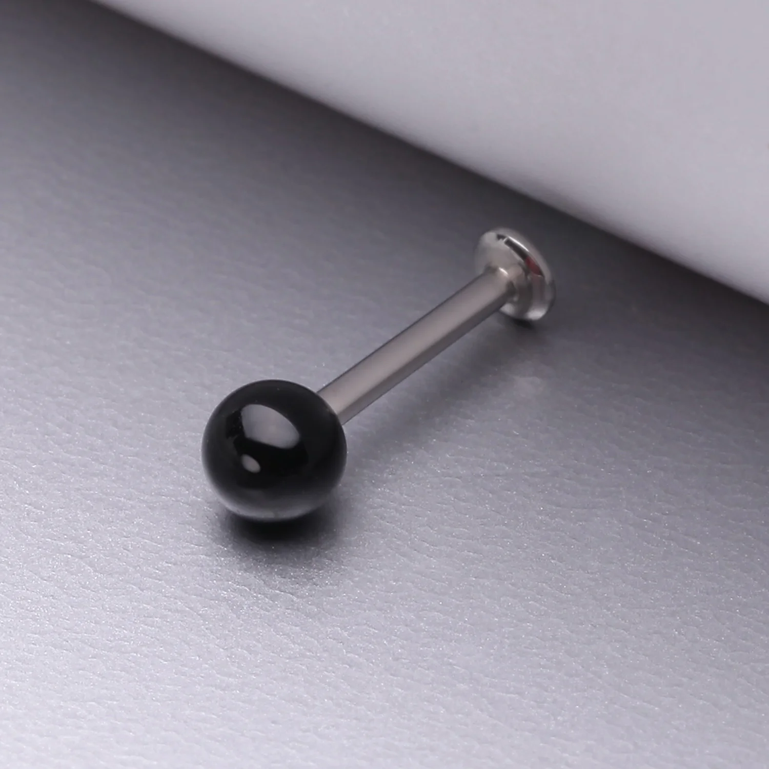 Black Agate Stone Ball Top Steel Flat Back Stud Labret - Image 2