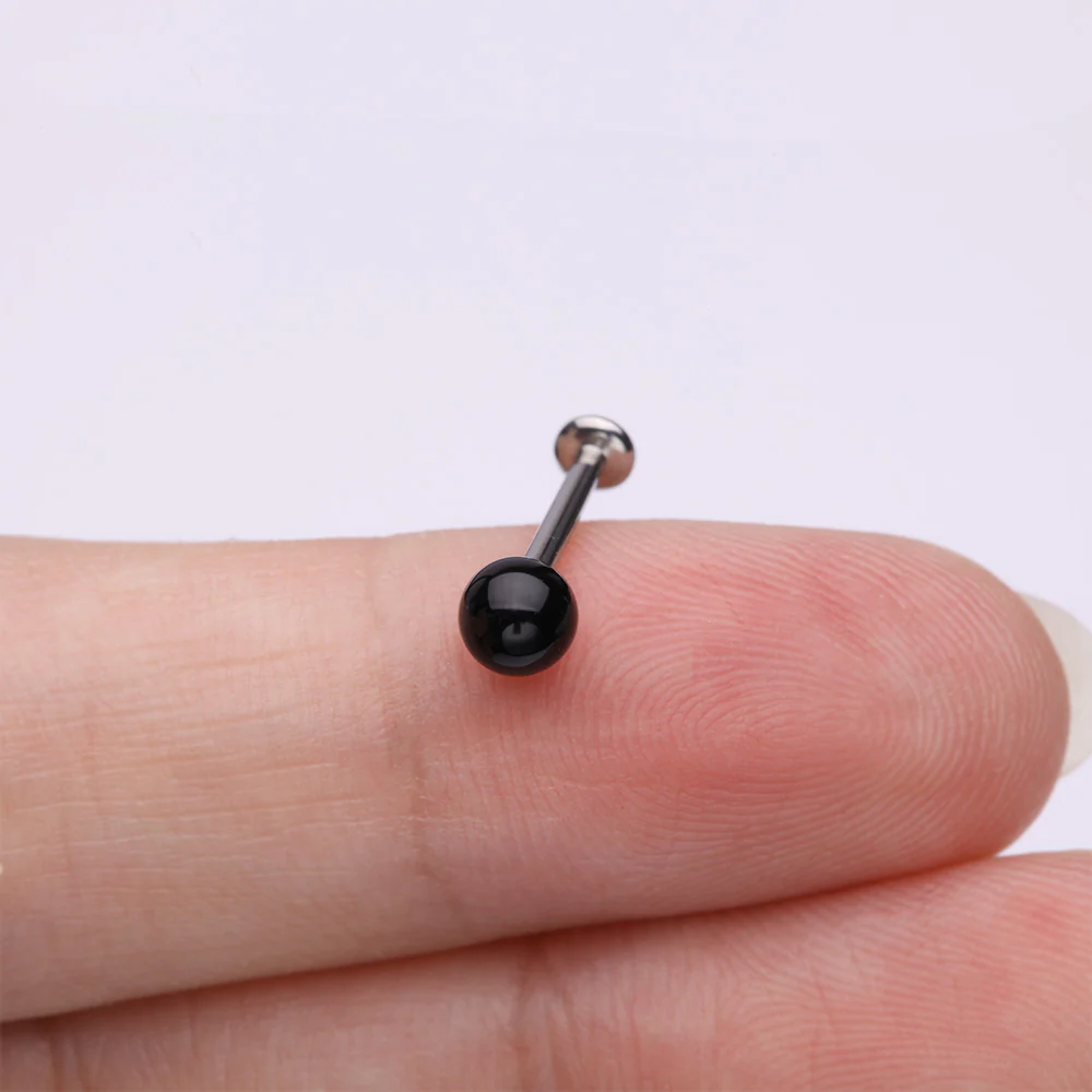 Black Agate Stone Ball Top Steel Flat Back Stud Labret - Image 3