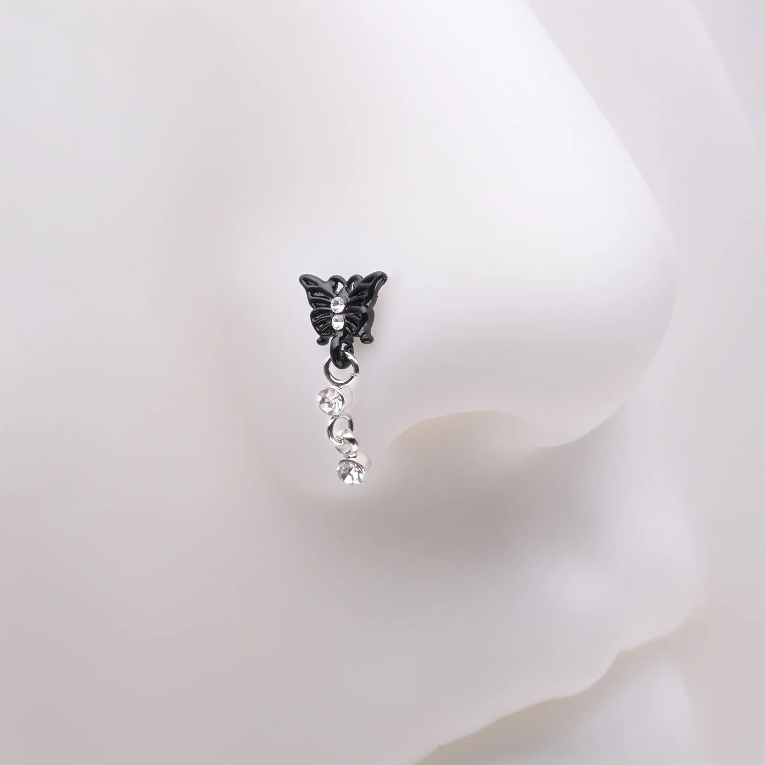 Black Noir Victorian Butterfly Dangle Sparkle Nose Stud Ring - Image 2