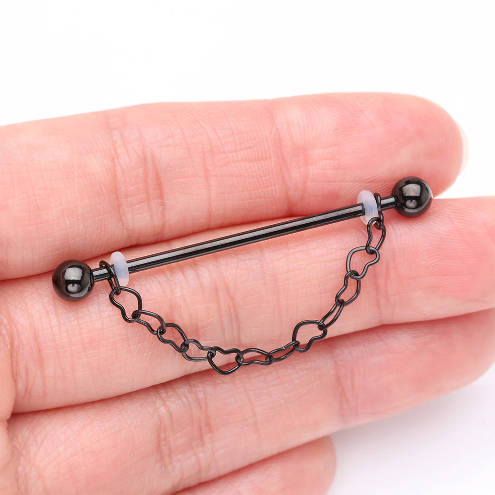 Blackline Adorable Chained Hollow Heart Dangle Industrial Barbell - Image 3