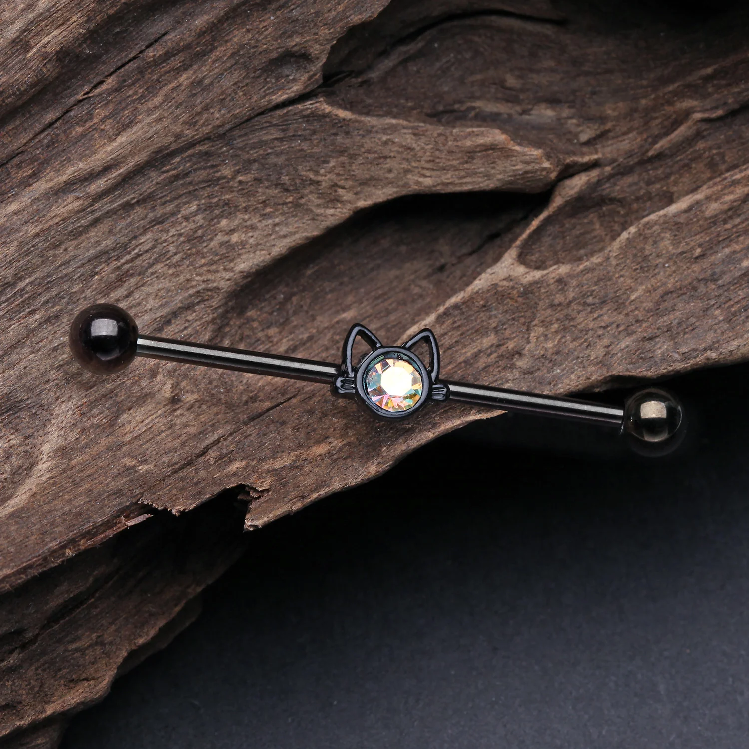 Blackline Adorable Kitty Cat Face Sparkle Industrial Barbell - Image 2