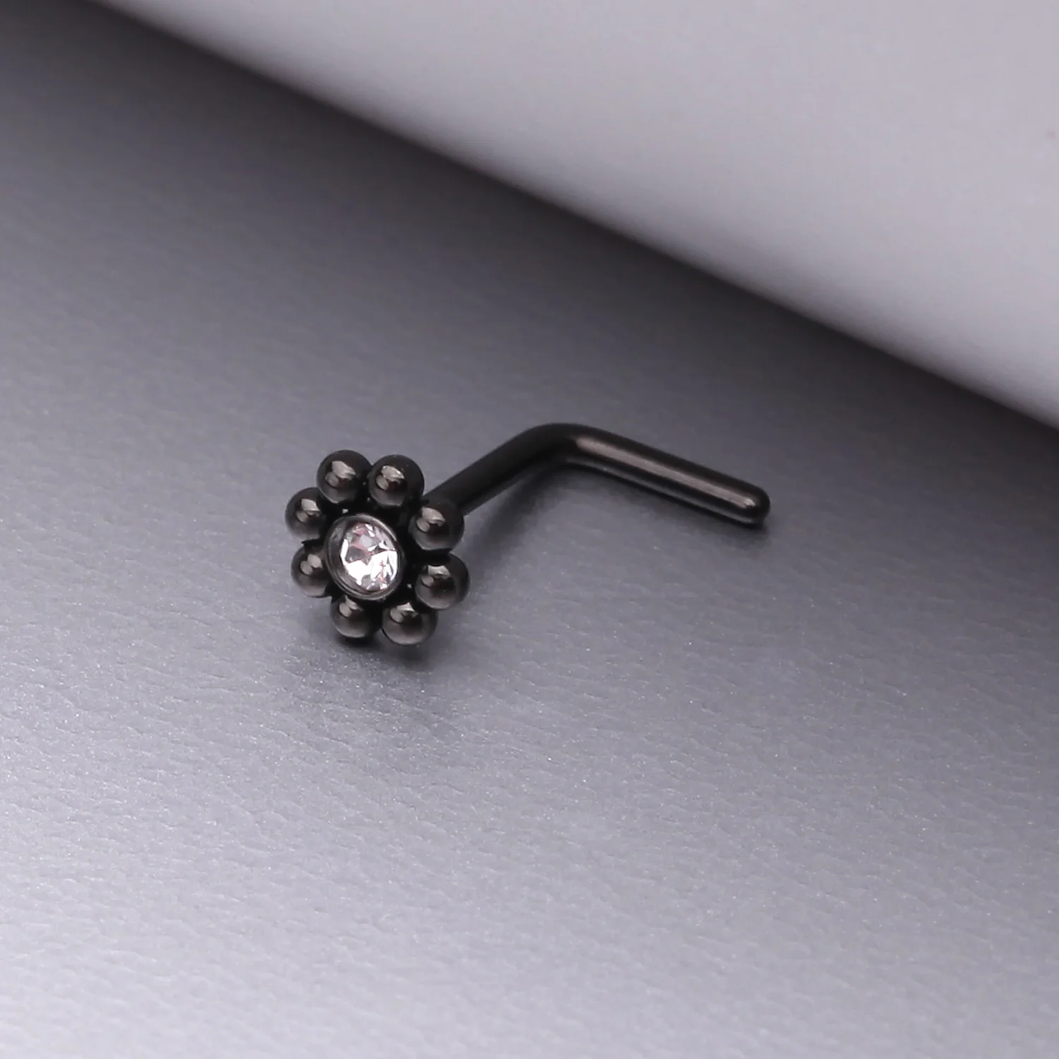 Blackline Bali Beads Flower Sparkle Steel L-Shaped Nose Ring - Image 2