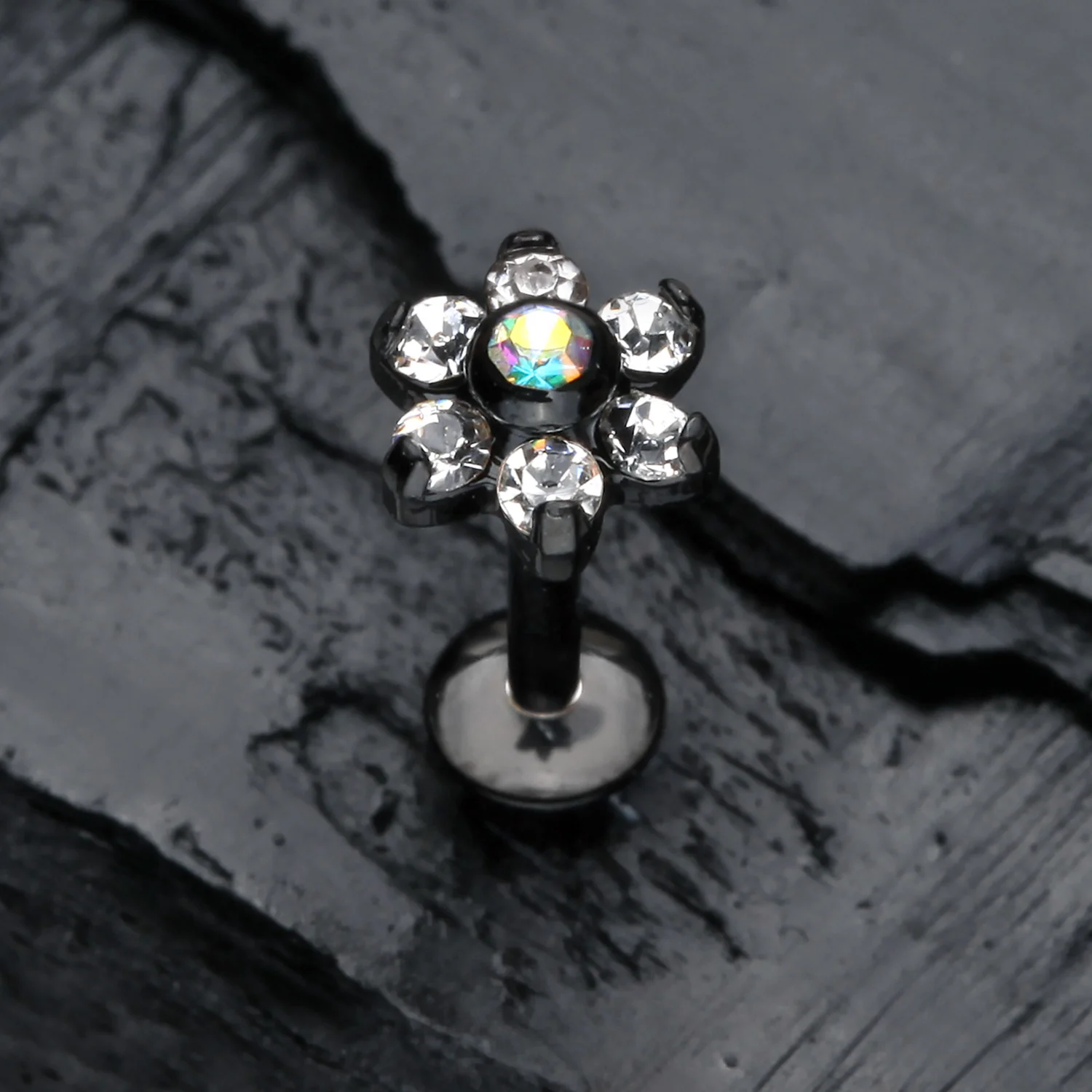 Blackline Brilliant Sparkle Flower Top Internally Threaded Steel Labret - Image 2