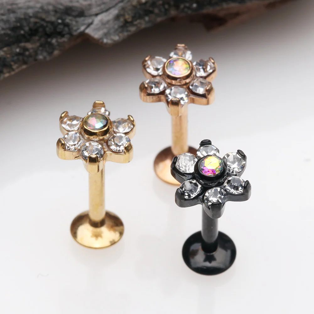 Blackline Brilliant Sparkle Flower Top Internally Threaded Steel Labret - Image 3