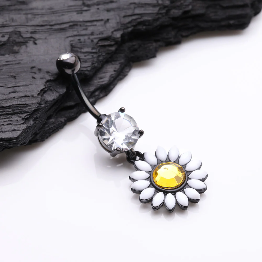 Blackline Daisy Marquise Flower Belly Button Ring - Image 3