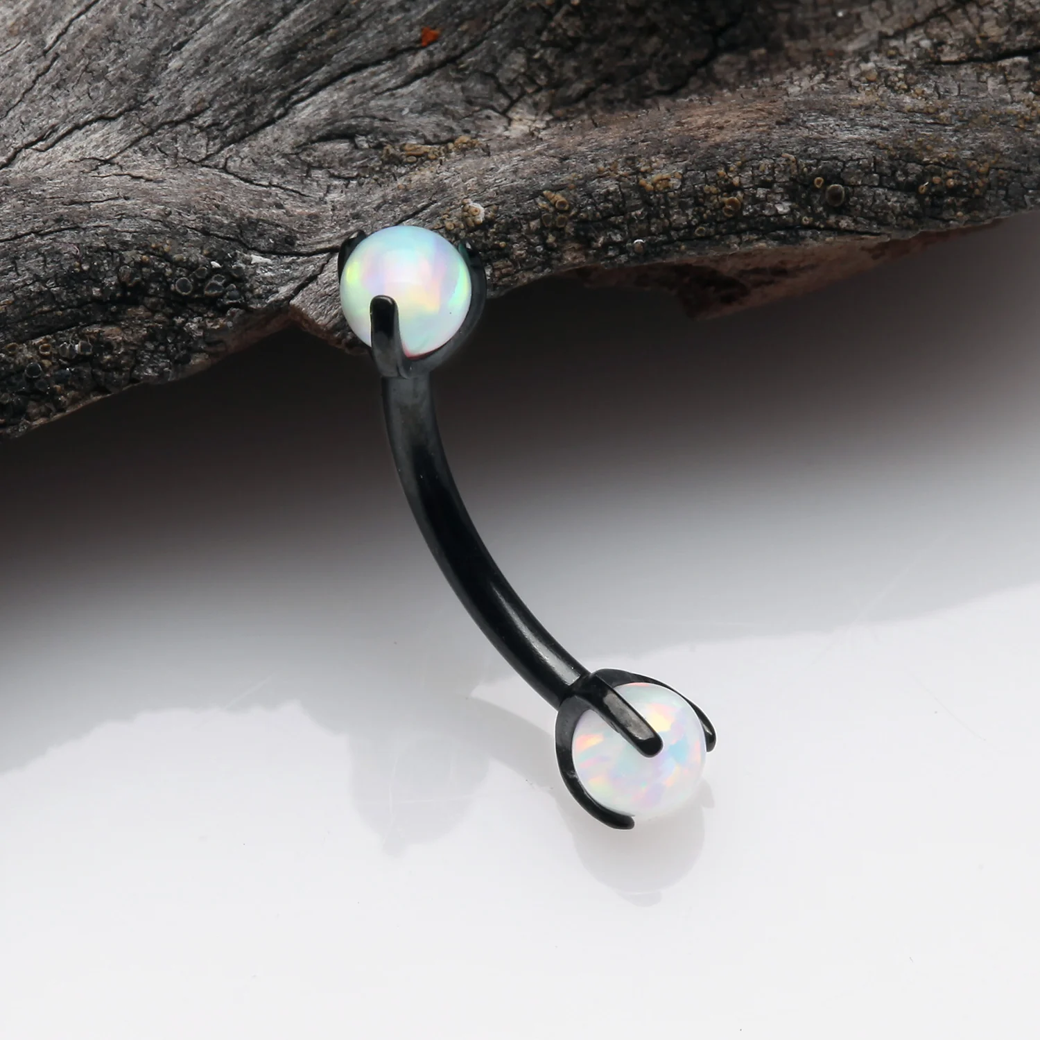 Blackline Fire Opal Claw Prong Set Sparkle Internally Threaded Curved Barbell - Image 2