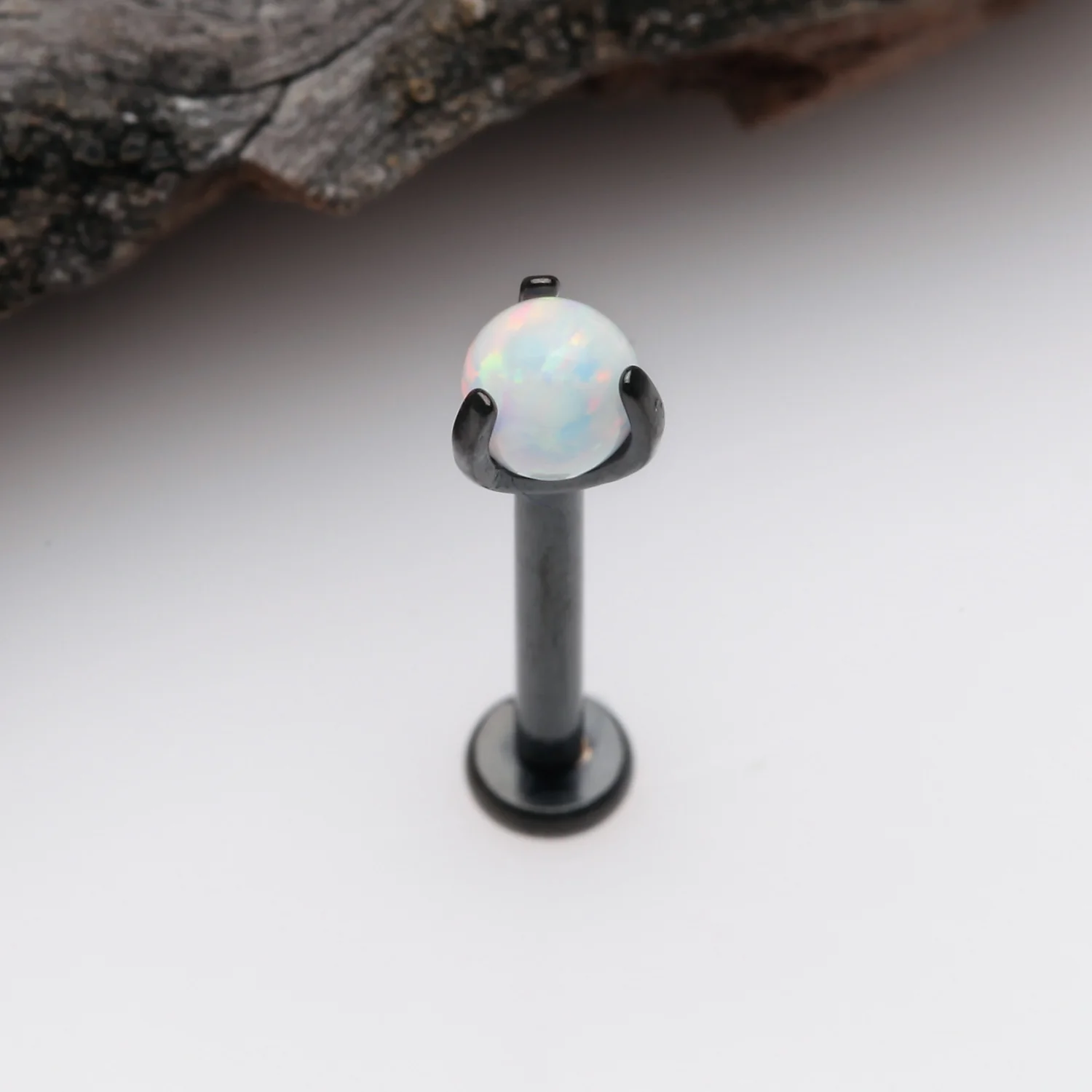 Blackline Fire Opal Claw Prong Set Sparkle Internally Threaded Labret - Image 2