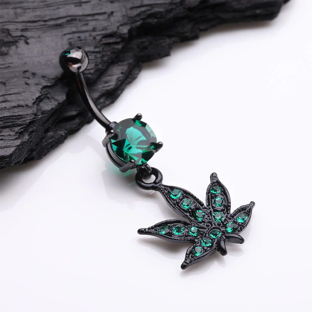 Blackline Marijuana Leaf Sparkle Belly Button Ring - Image 3