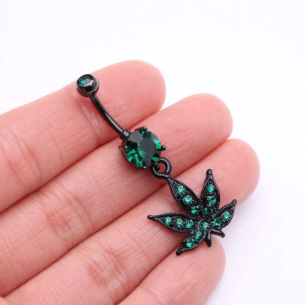 Blackline Marijuana Leaf Sparkle Belly Button Ring - Image 4