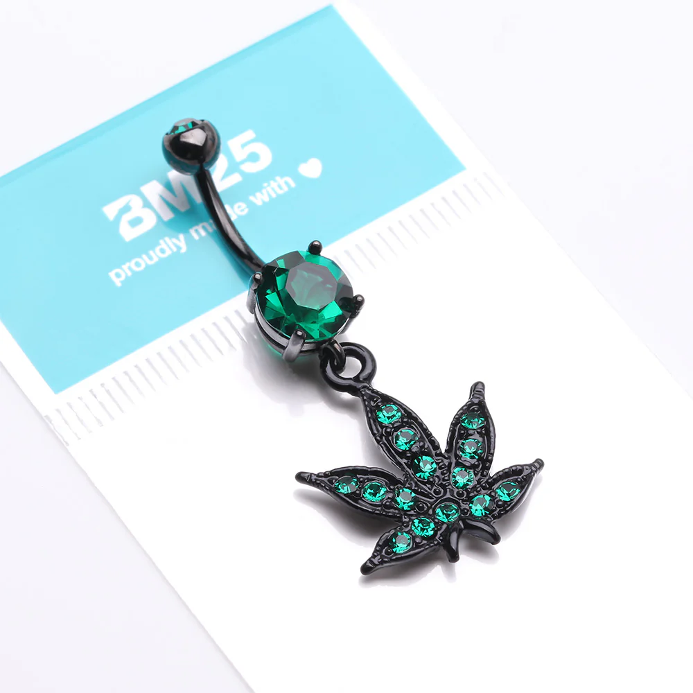 Blackline Marijuana Leaf Sparkle Belly Button Ring - Image 5