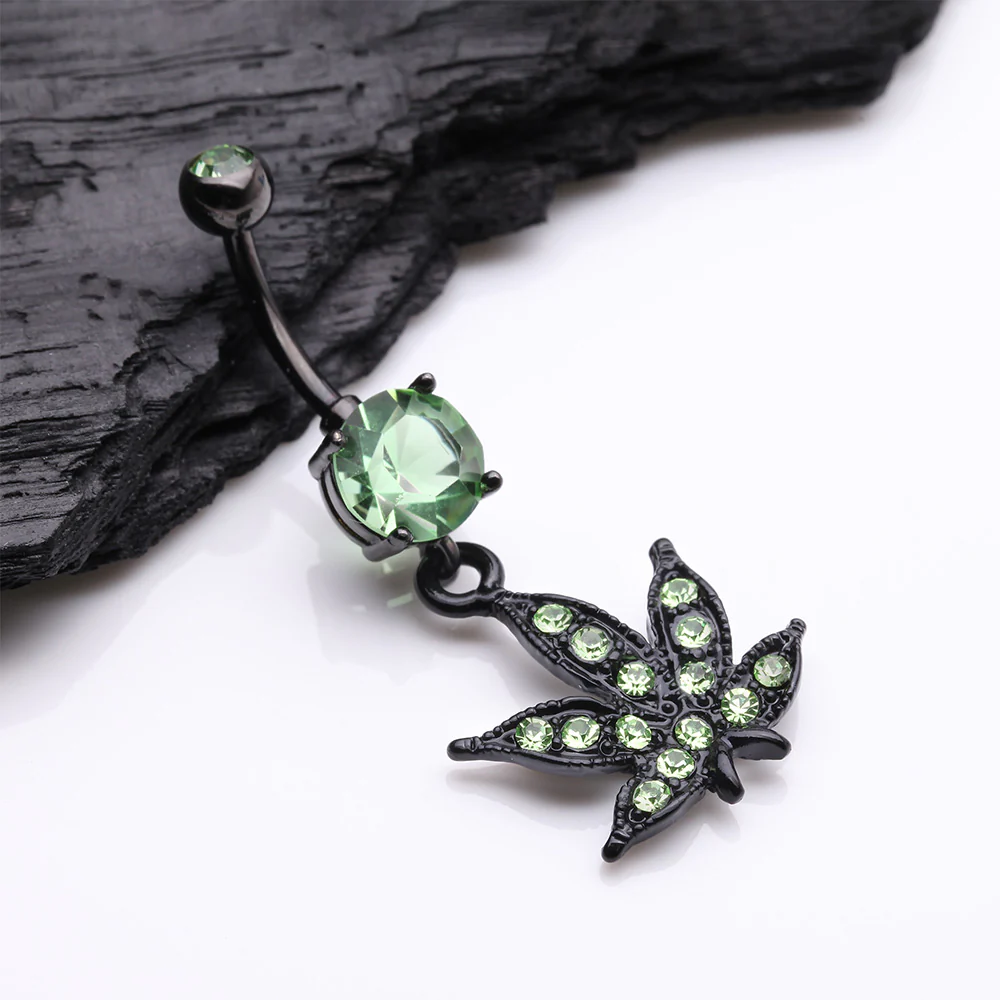 Blackline Marijuana Leaf Sparkle Belly Button Ring - Image 3