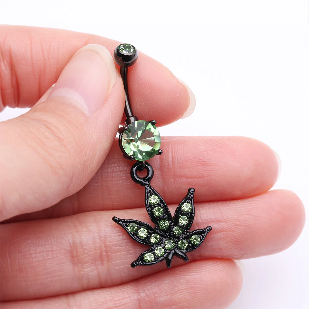 Blackline Marijuana Leaf Sparkle Belly Button Ring - Image 4
