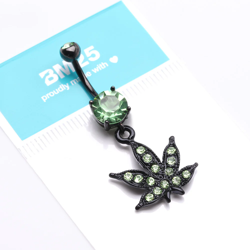 Blackline Marijuana Leaf Sparkle Belly Button Ring - Image 5