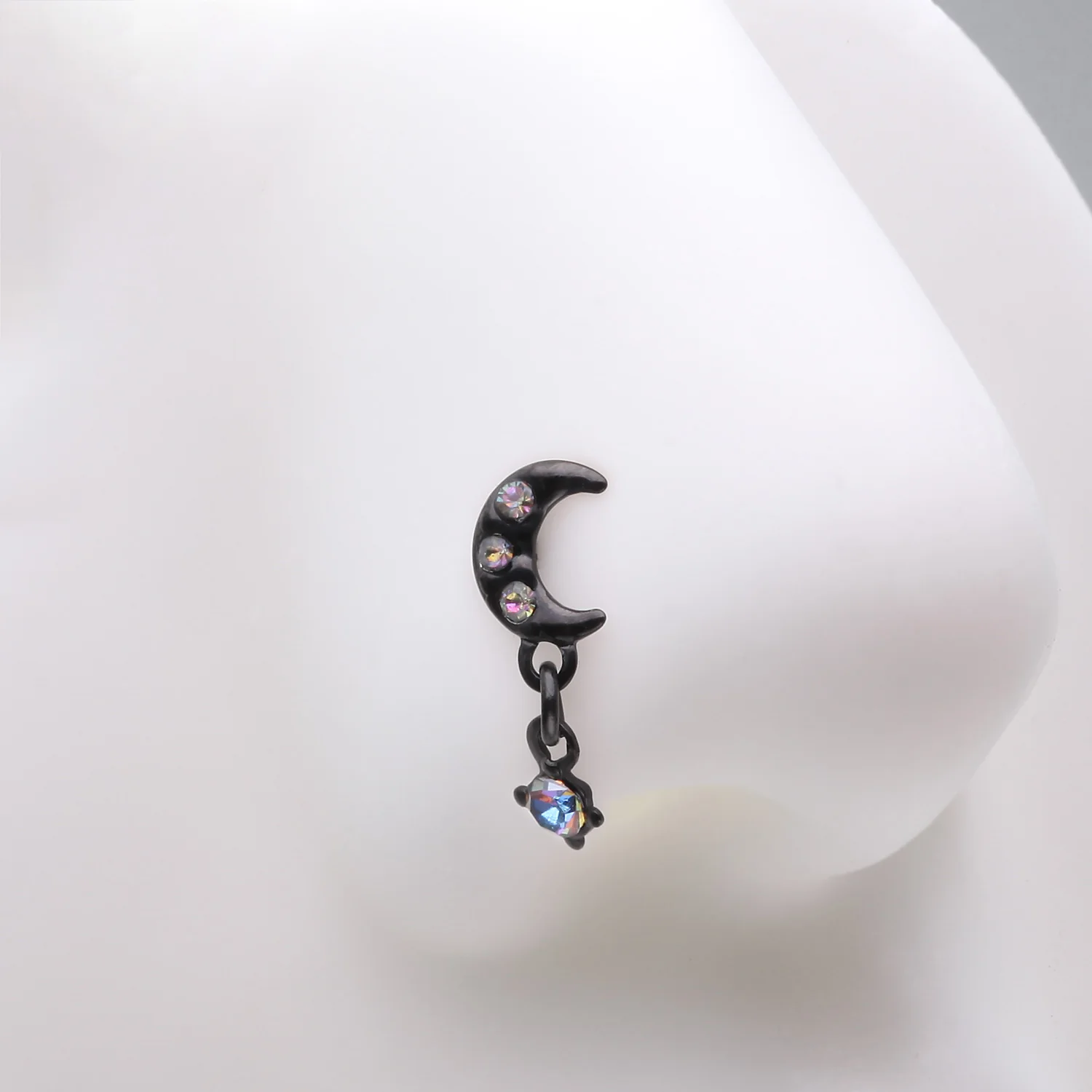 Blackline Midnight Crescent Moon Sparkle Dangle L-Shaped Nose Ring - Image 2