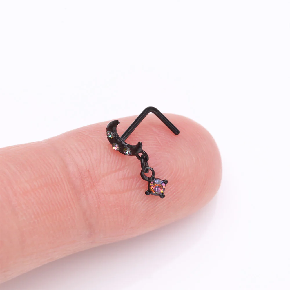 Blackline Midnight Crescent Moon Sparkle Dangle L-Shaped Nose Ring - Image 3
