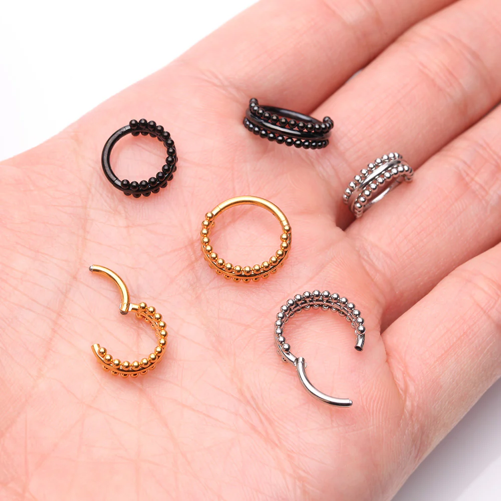 Blackline Milgrain Beads Laced Steel Seamless Clicker Hoop Ring - Image 4