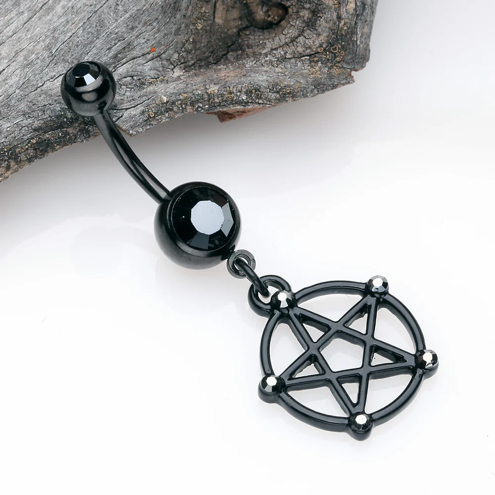 Blackline Pentacle Sparkle Goth Belly Button Ring - Image 3