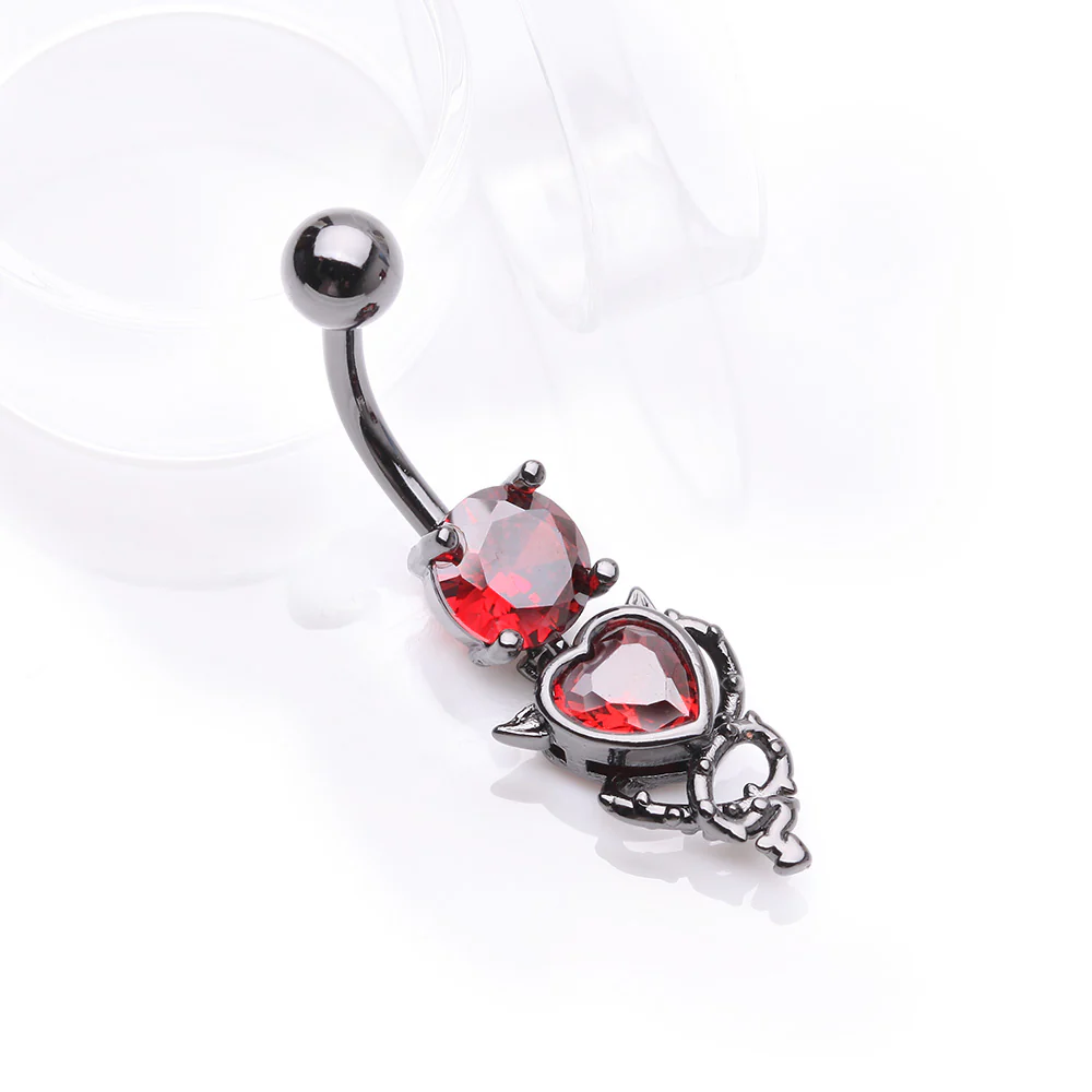 Blackline Tailed Devil's Heart Sparkle Dangle Belly Button Ring - Image 3