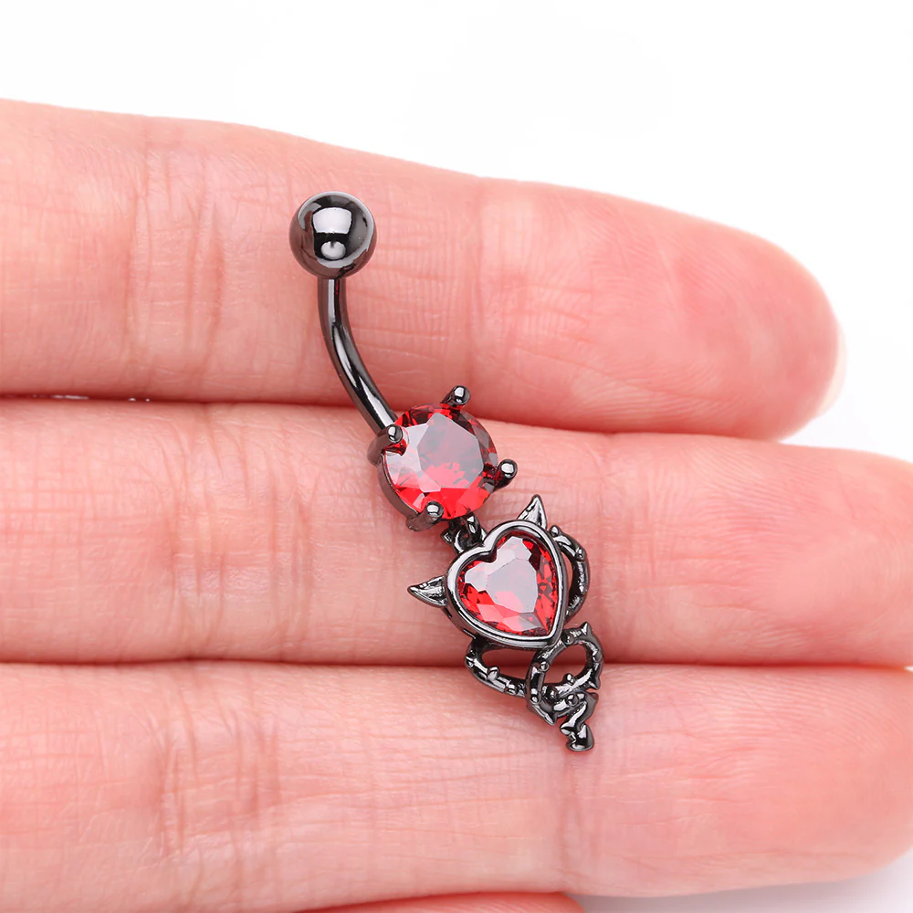 Blackline Tailed Devil's Heart Sparkle Dangle Belly Button Ring - Image 4