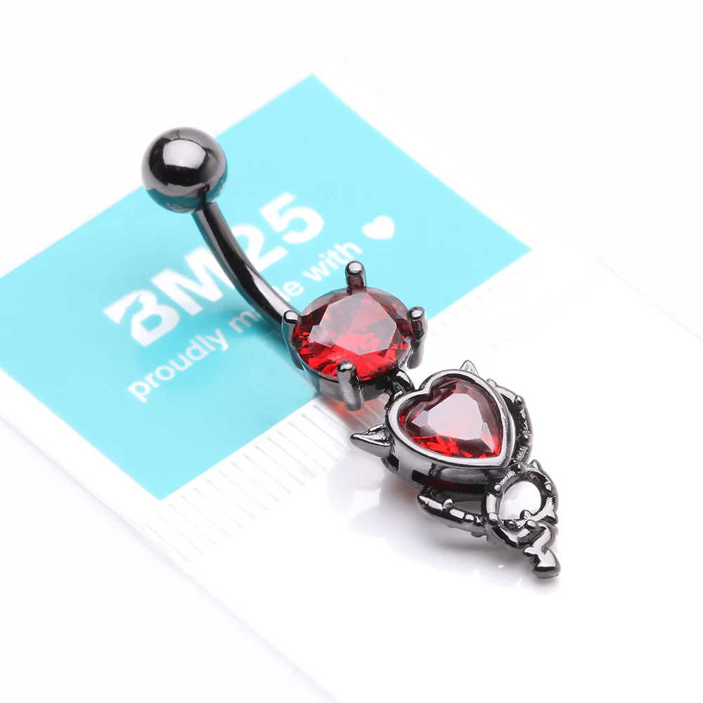 Blackline Tailed Devil's Heart Sparkle Dangle Belly Button Ring - Image 5
